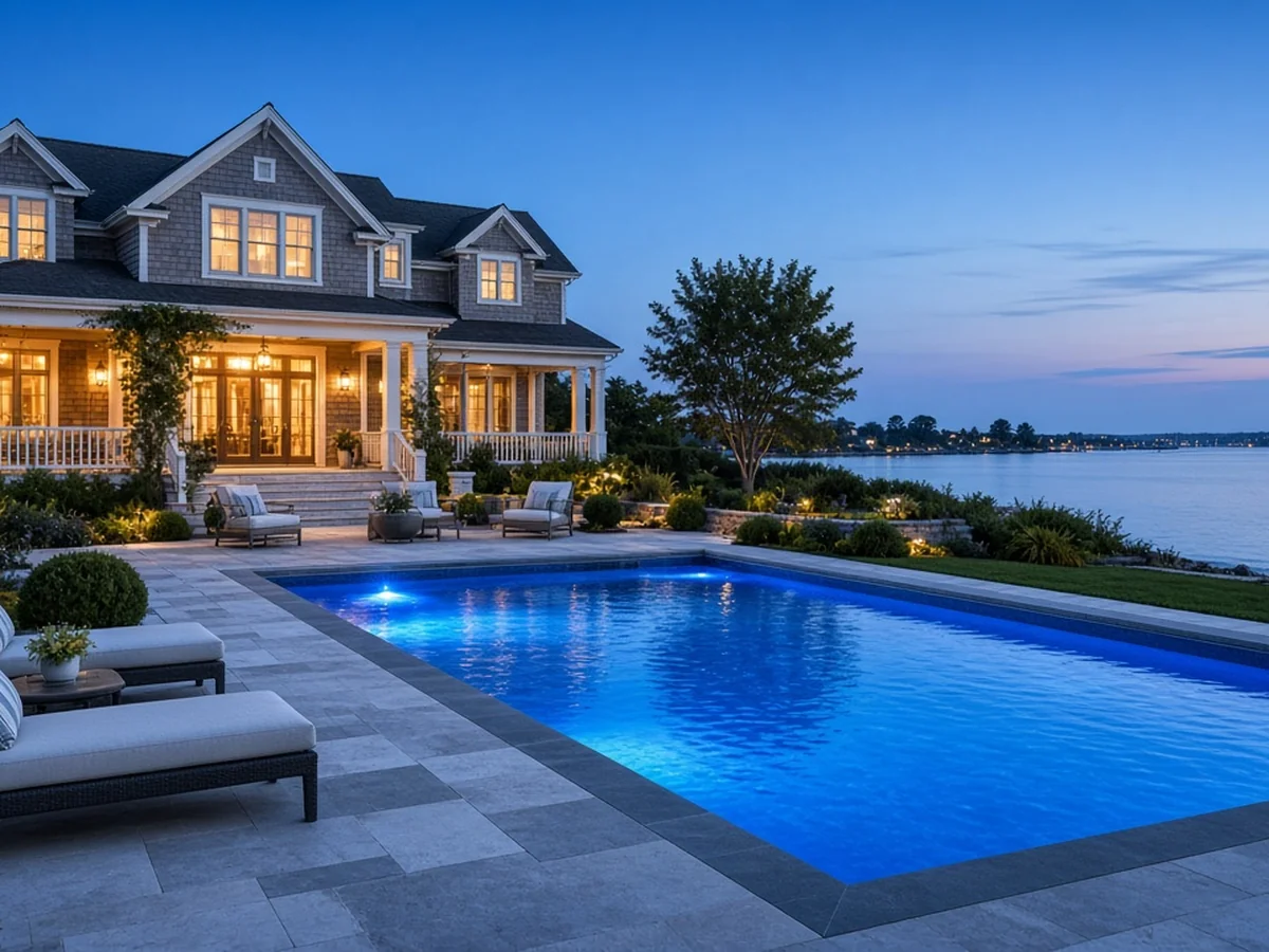 A coastal backyard pool at dusk