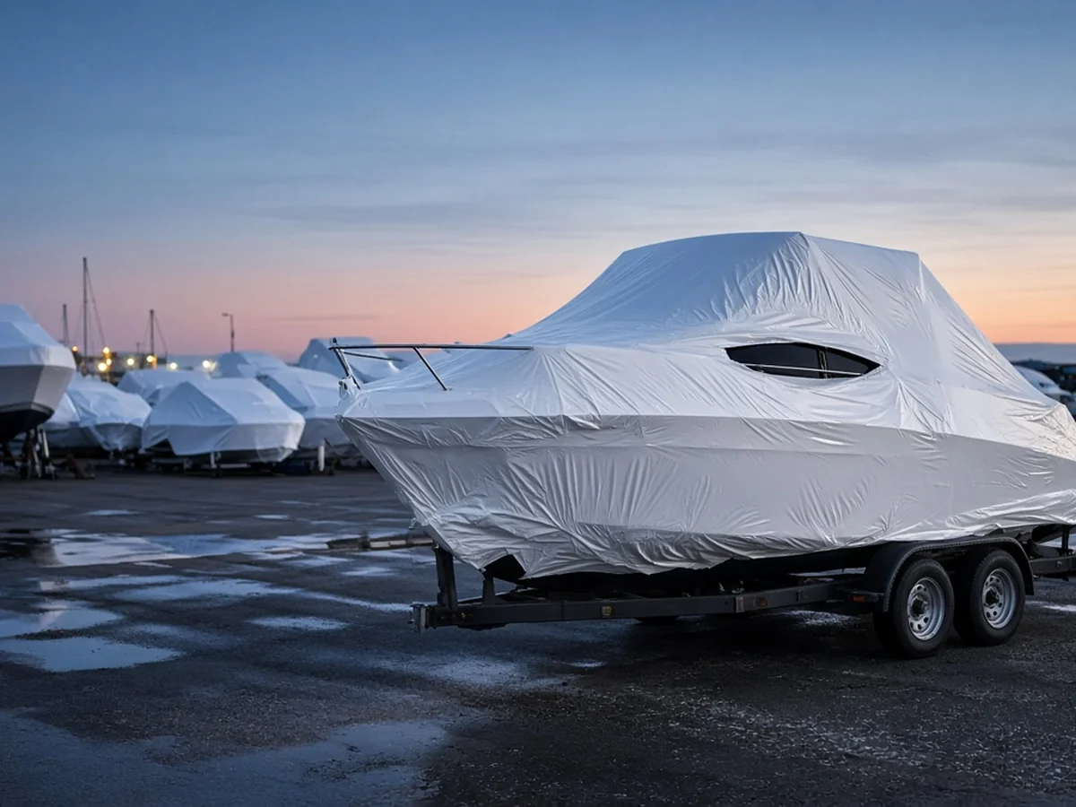 A boat protected with winter shrink wrap
