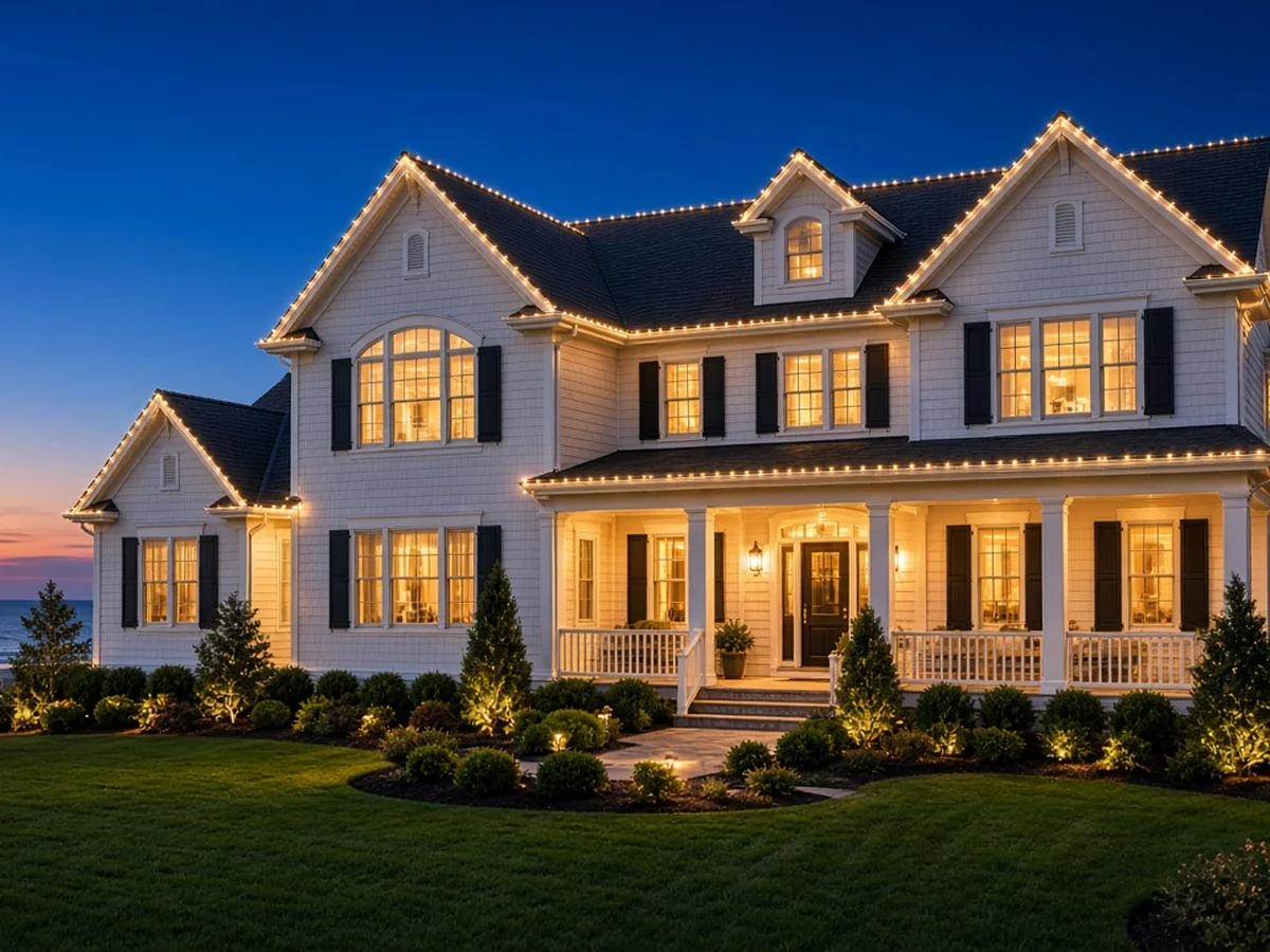 Design concept: warm-white Christmas roofline lighting on a shore colonial