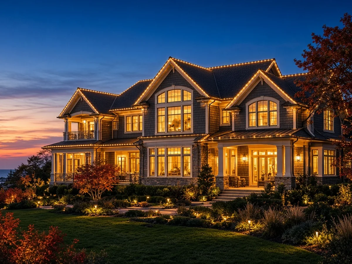 Design concept: warm amber Thanksgiving roofline lighting