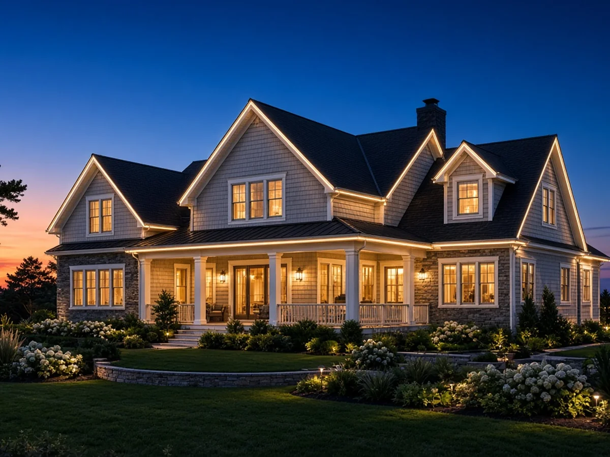 Design concept: permanent smart roofline lighting in a clean warm-white scene