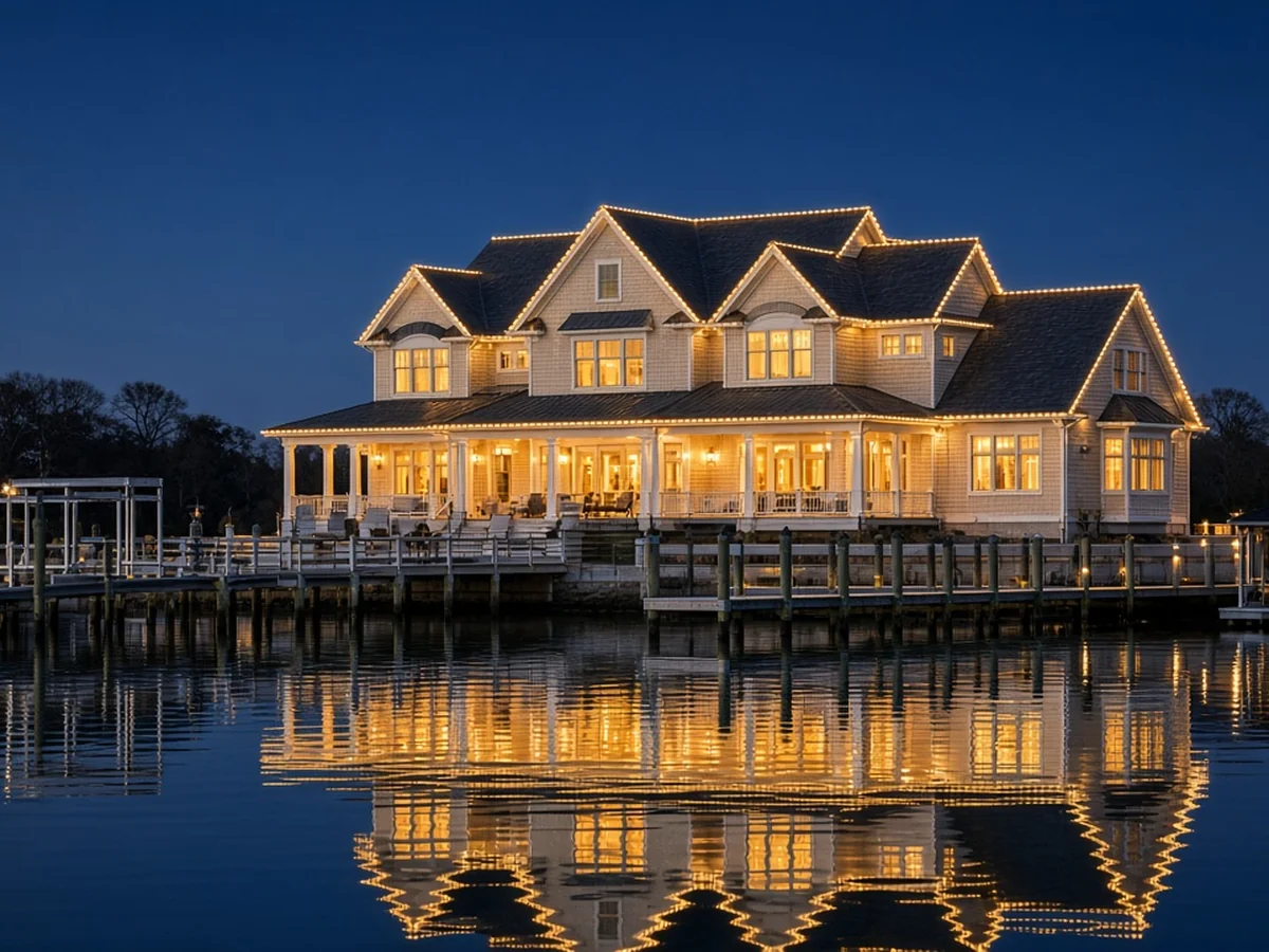 Design concept: a waterfront shore home lit for the holidays