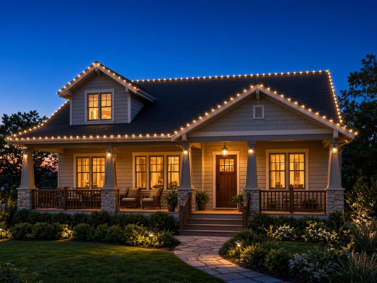 Design concept: a craftsman-style shore home with holiday roofline lighting