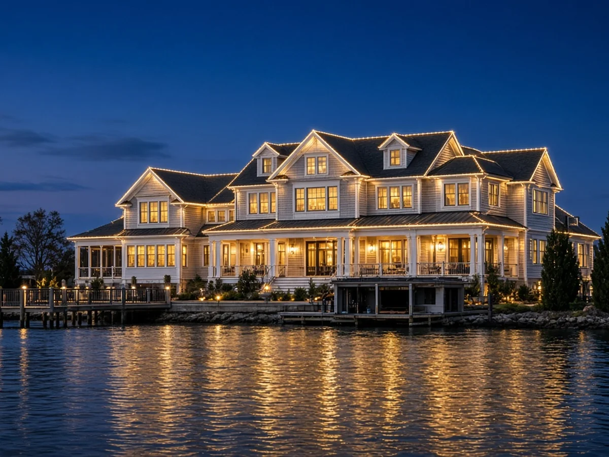 Design concept: warm-white permanent roofline lighting on a bay-front home