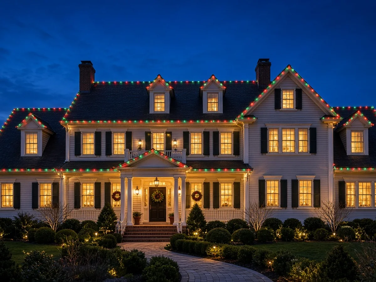 Design concept: classic red and green Christmas roofline lighting