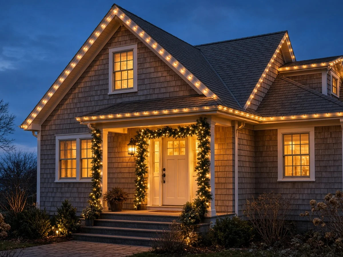Design concept: a cedar-shake shore home with elegant holiday lighting