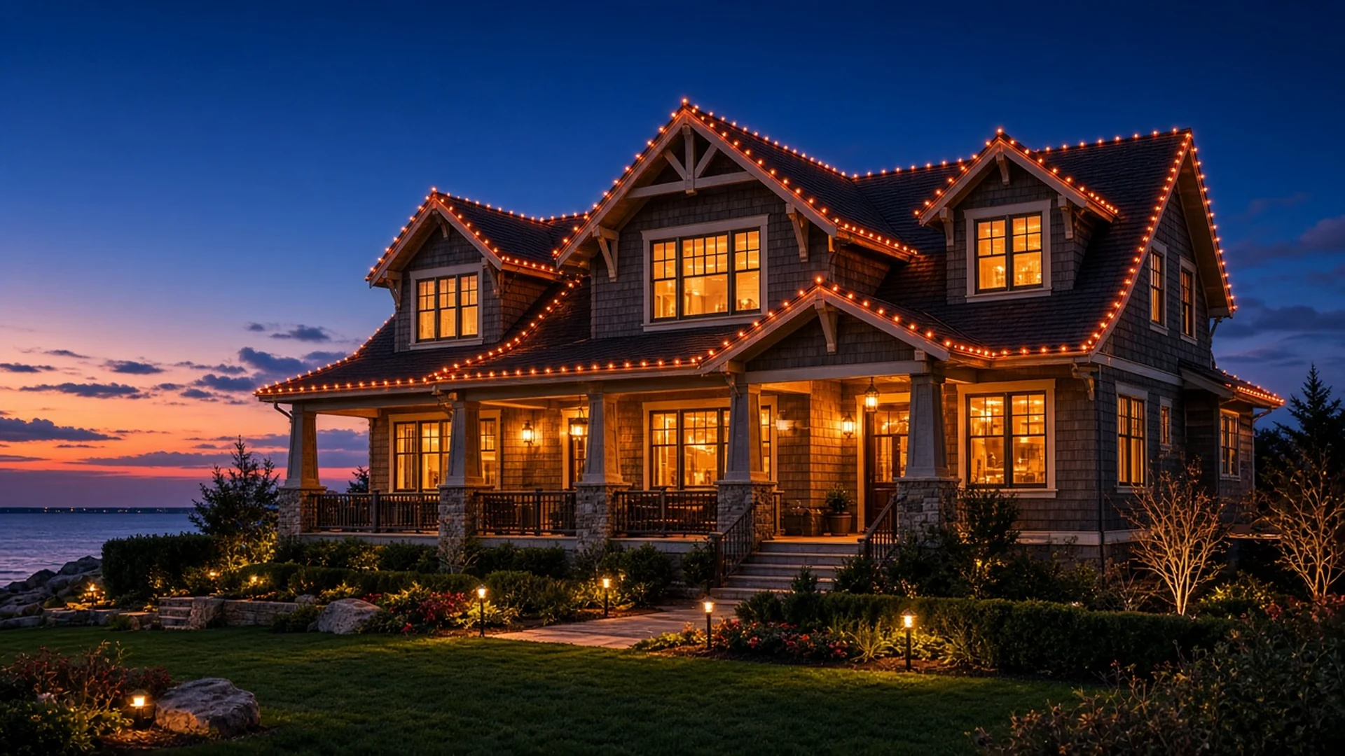 A home with customer-owned holiday lights professionally installed