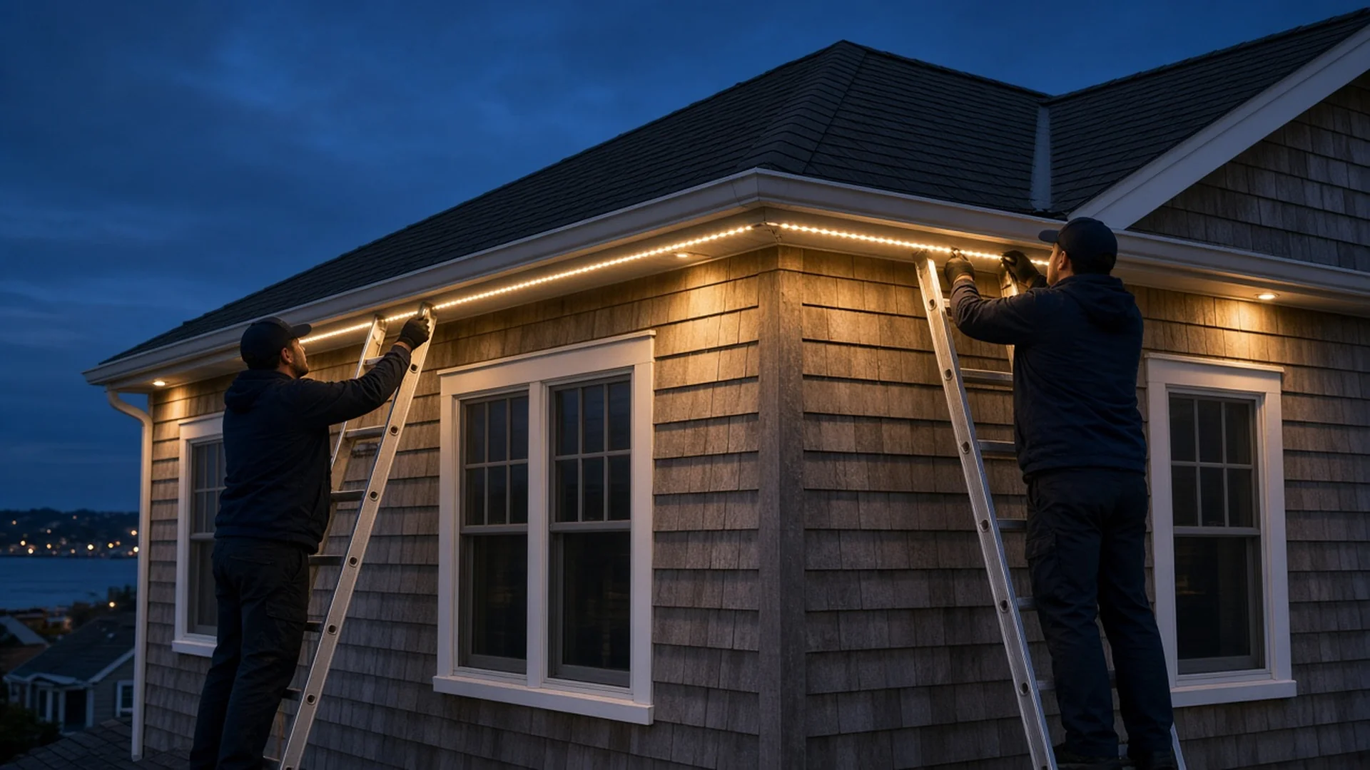 A Trident Lighting crew installing roofline lighting