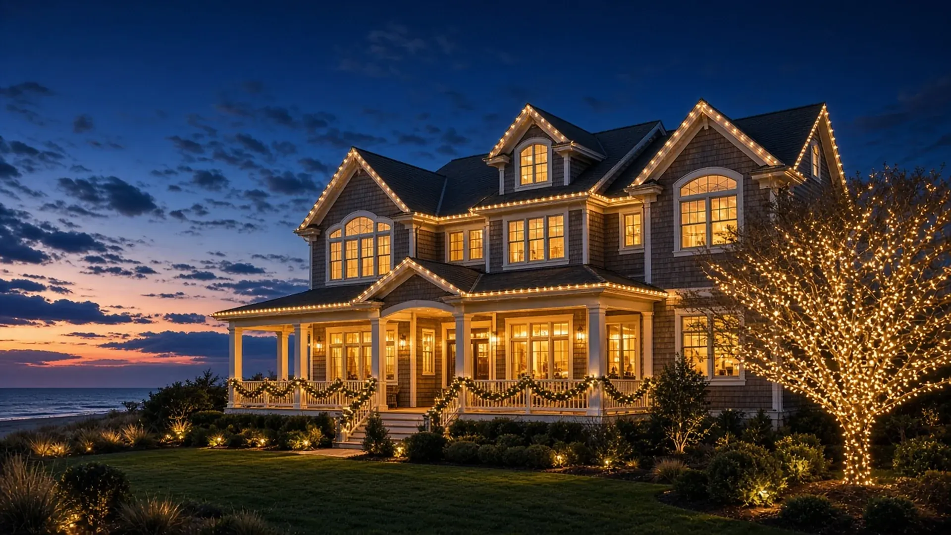 A home with professionally installed holiday lights