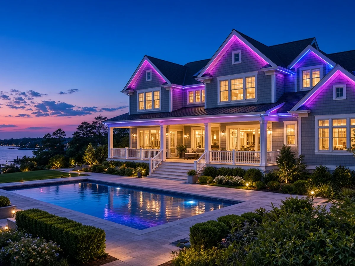 A home with a colorful permanent roofline lighting scene for summer celebrations