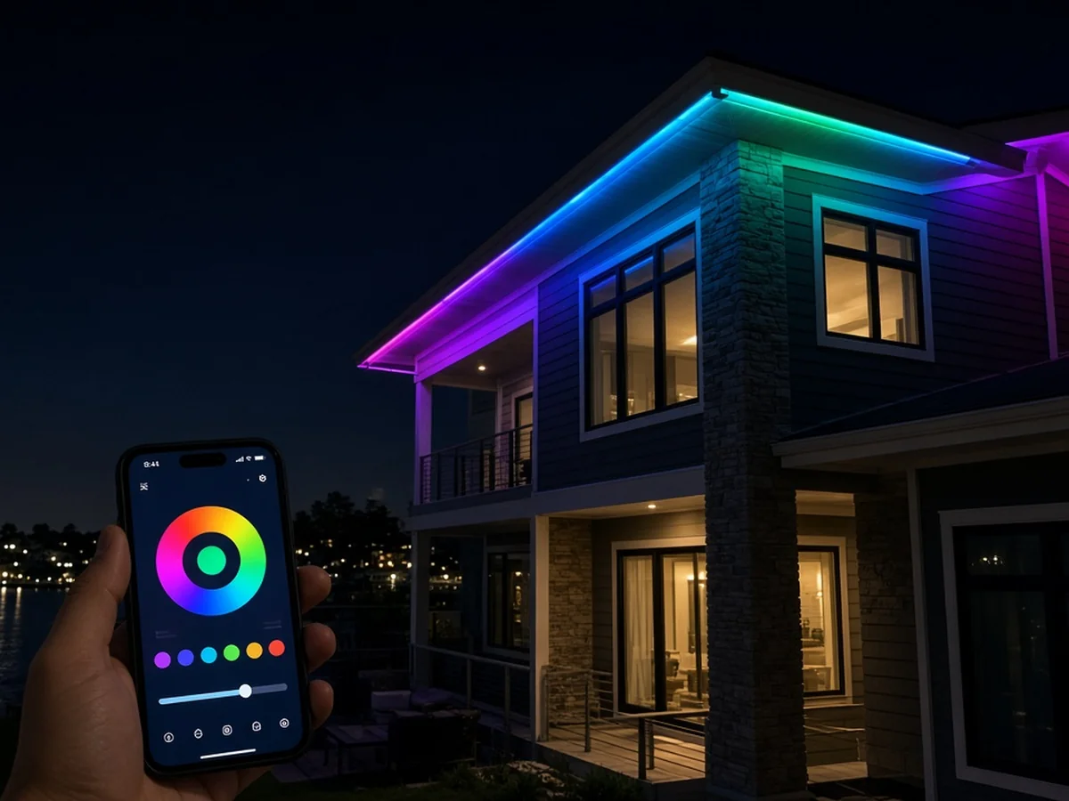 Smart permanent lights glowing blue and purple on a modern home, with a phone app showing the color controls